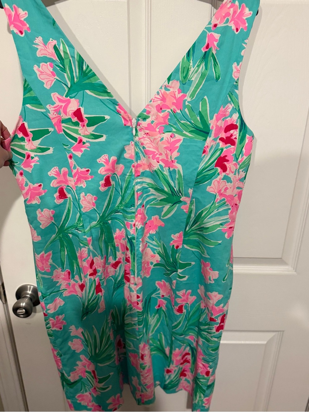 Lilly Pulitzer Turquoise Floral V‑Neck Shift Dress with Pink Blooms - Picture 2 of 3